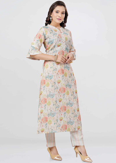 Light Peach Linen Sequins Kurti Sets