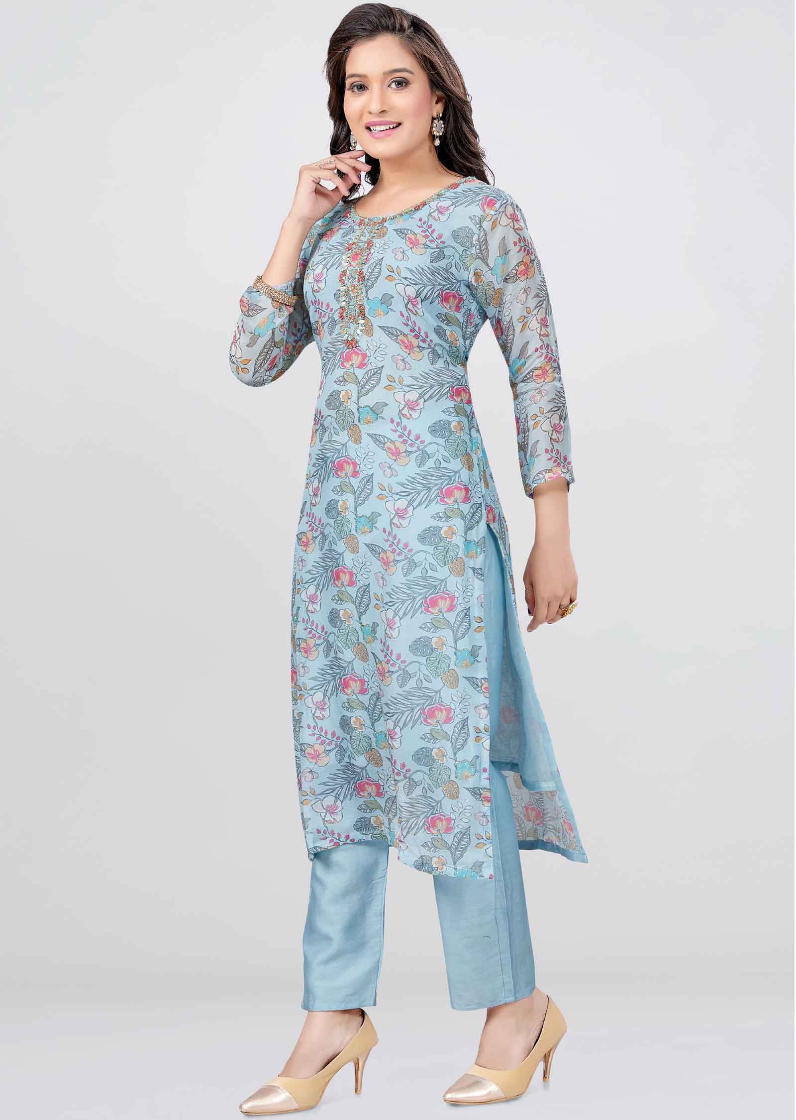 Light Blue Organza Zardosi & Embroidered Kurti Sets