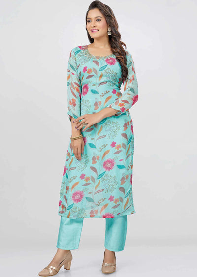 Sea Green Organza Zardosi & Embroidered Kurti Sets