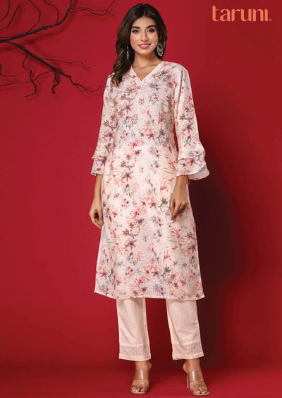 Light Peach Linen Cotton Sequins Kurti Sets