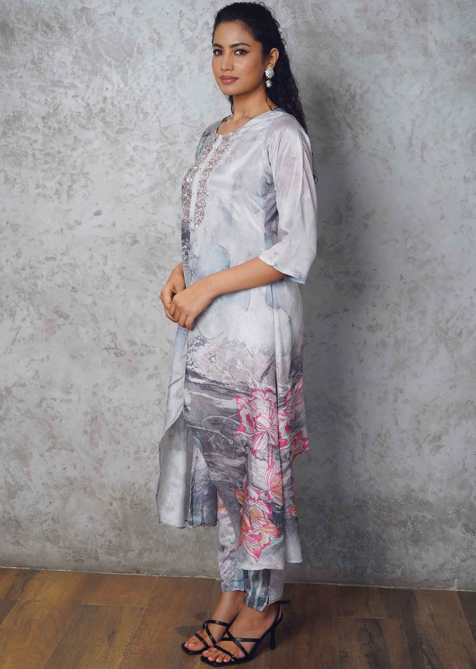 Light Grey Crepe Embroidered Kurti Sets