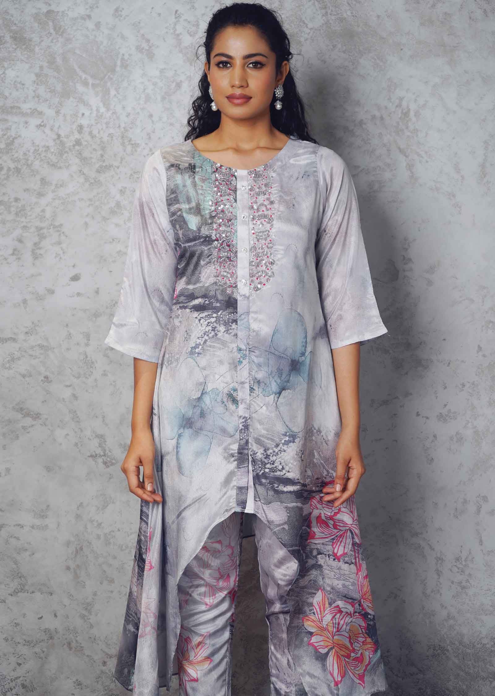 Light Grey Crepe Embroidered Kurti Sets