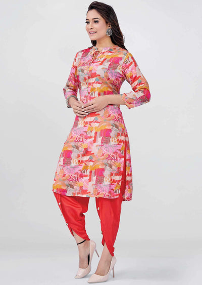 Peach/Pink Muslin Printed Kurti Sets