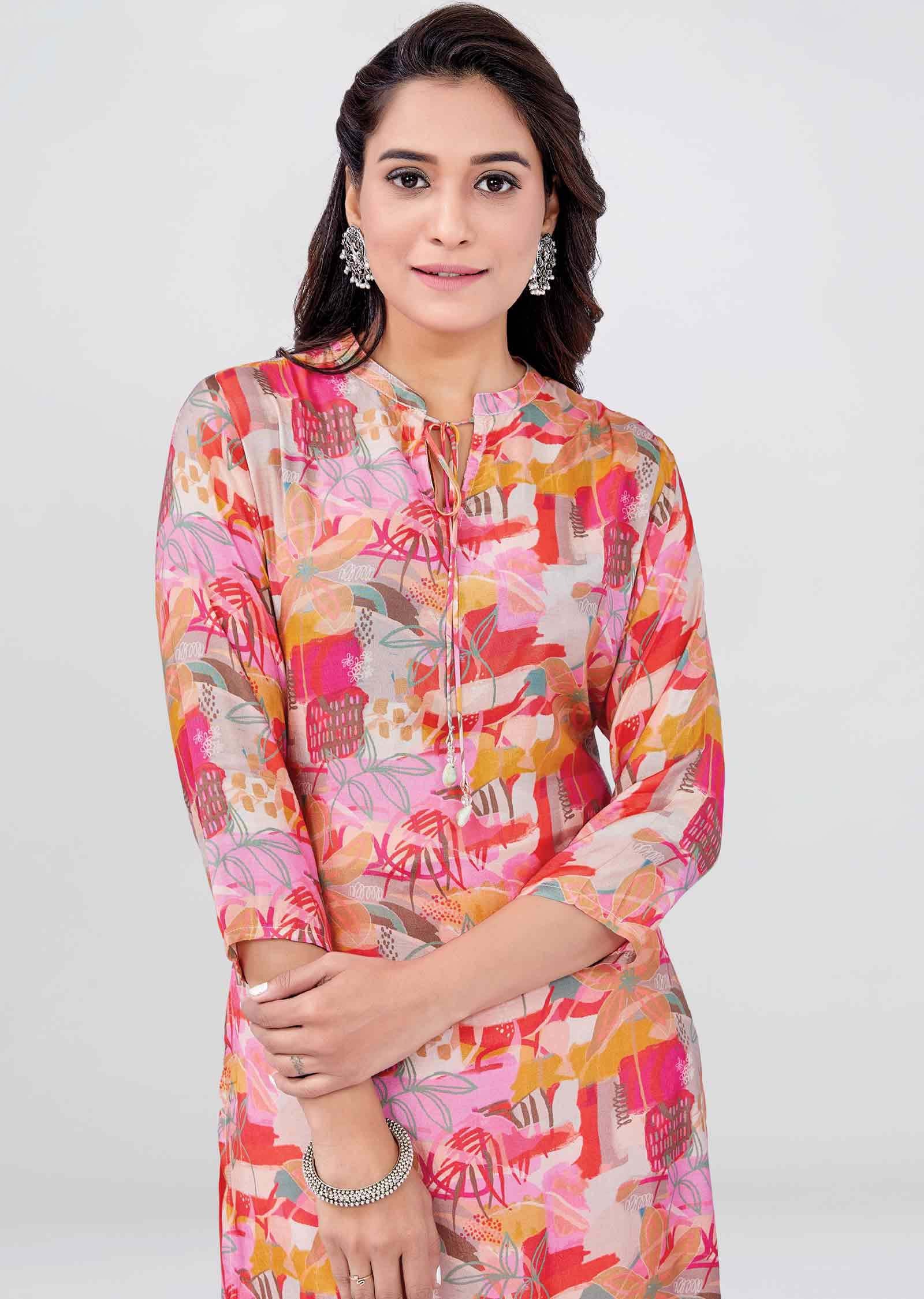 Peach/Pink Muslin Printed Kurti Sets