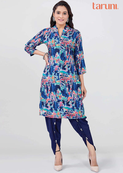 Navy Blue Muslin Printed Kurti Sets