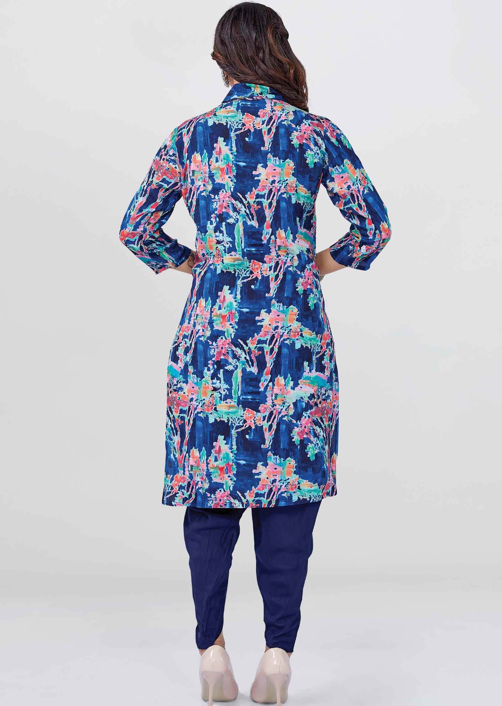 Navy Blue Muslin Printed Kurti Sets