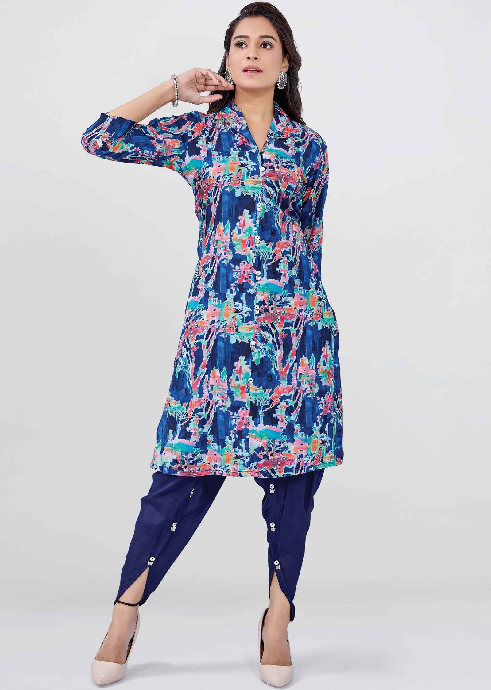 Navy Blue Muslin Printed Kurti Sets