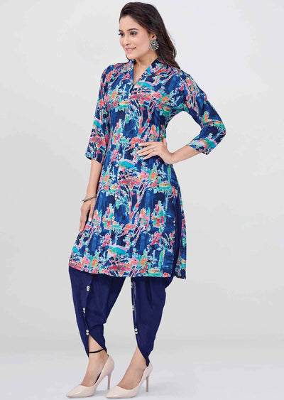 Navy Blue Muslin Printed Kurti Sets