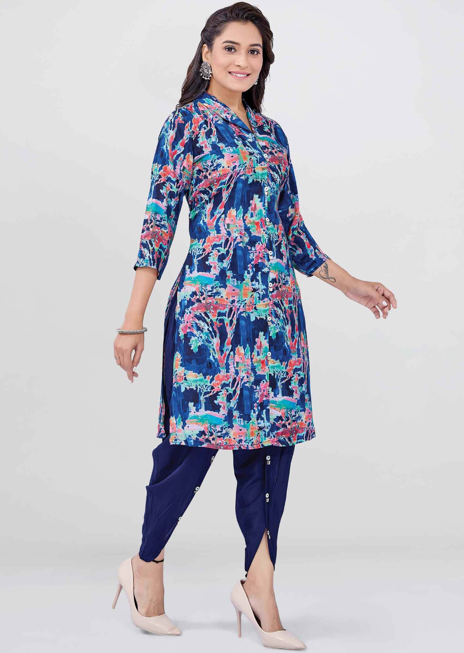 Navy Blue Muslin Printed Kurti Sets