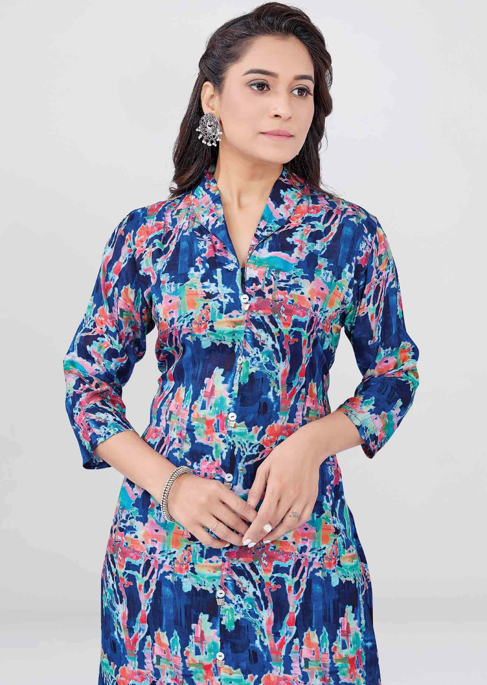 Navy Blue Muslin Printed Kurti Sets