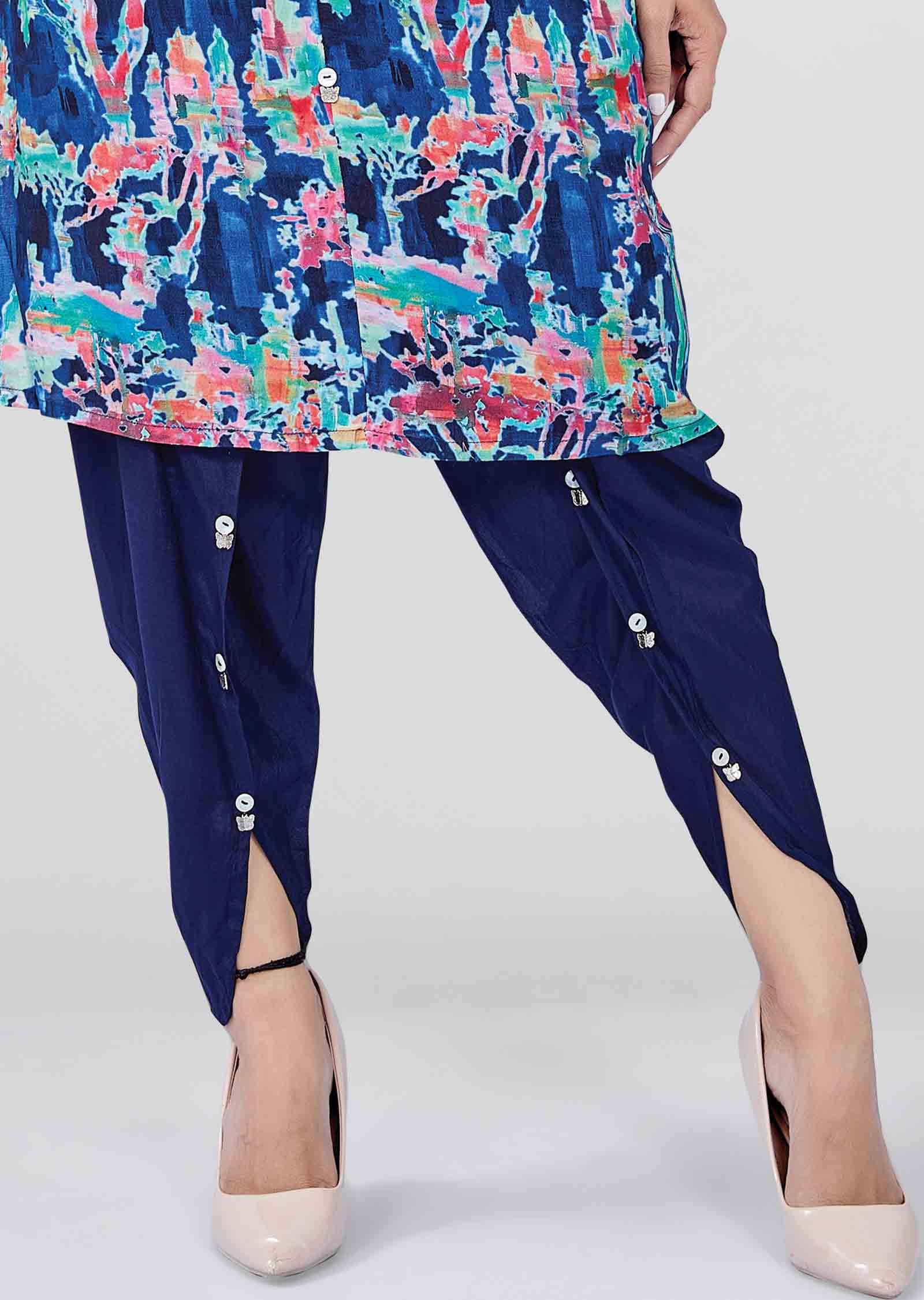 Navy Blue Muslin Printed Kurti Sets