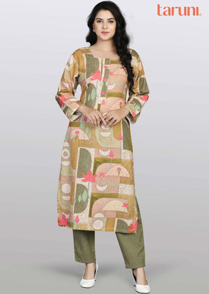 Brown/mehandi green Cotton Sequins Kurti Sets