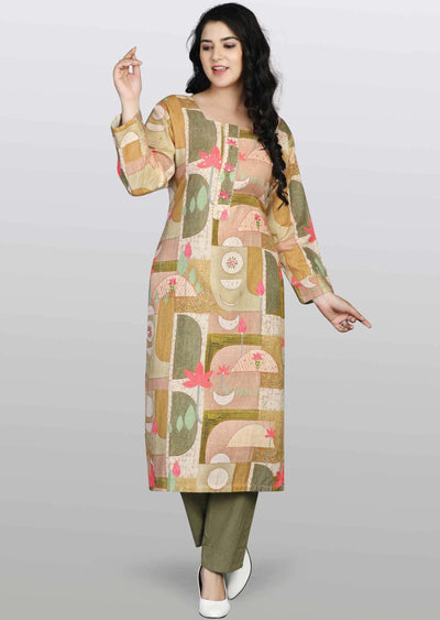 Brown/mehandi green Cotton Sequins Kurti Sets