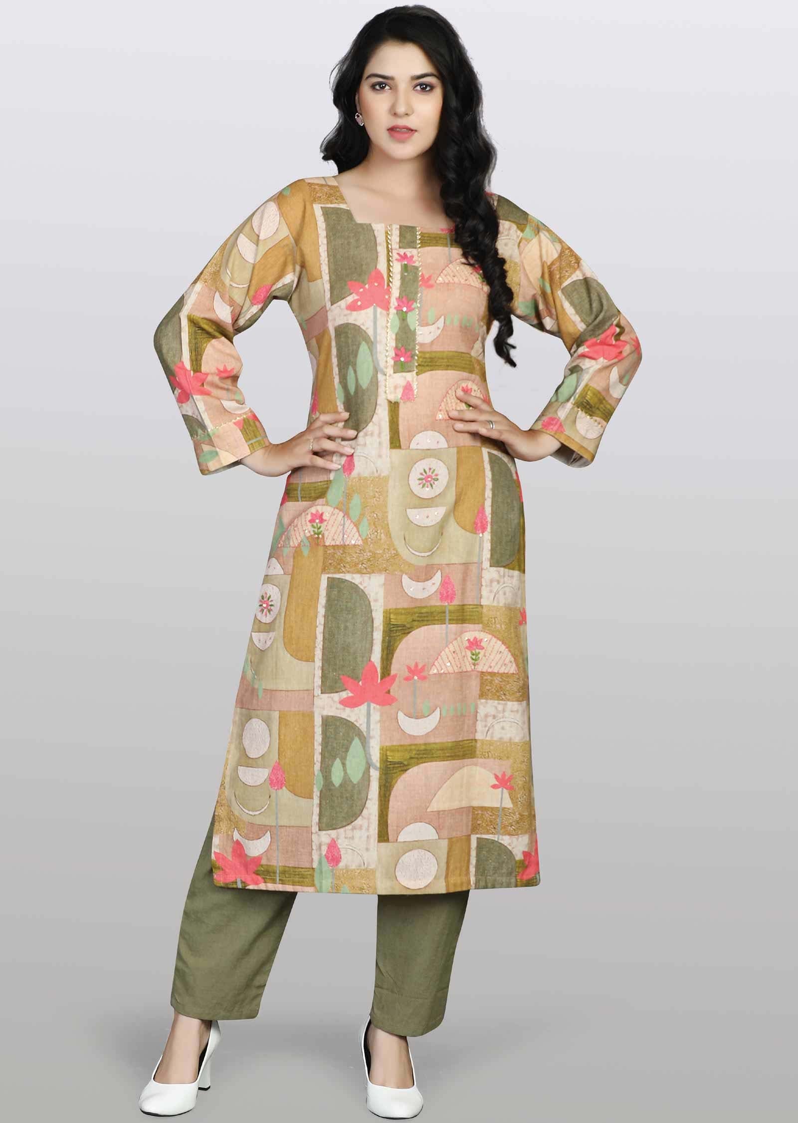 Brown/mehandi green Cotton Sequins Kurti Sets