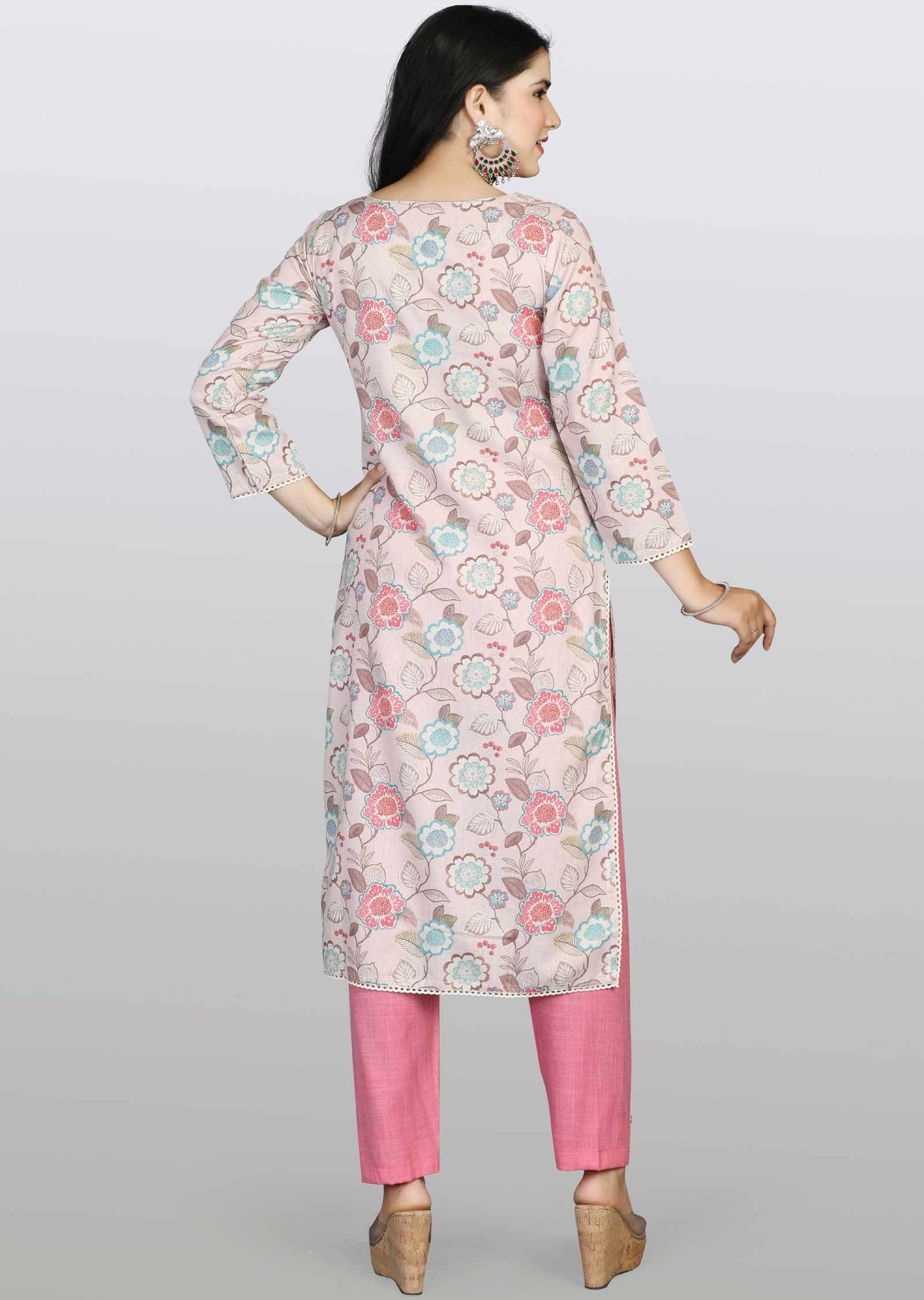 Dusty Pink Cotton Printed Kurti Sets