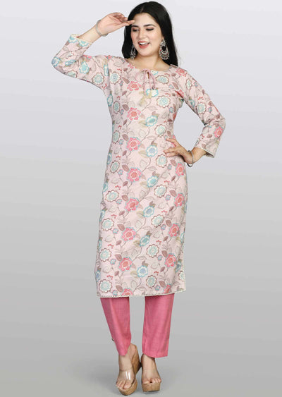 Dusty Pink Cotton Printed Kurti Sets