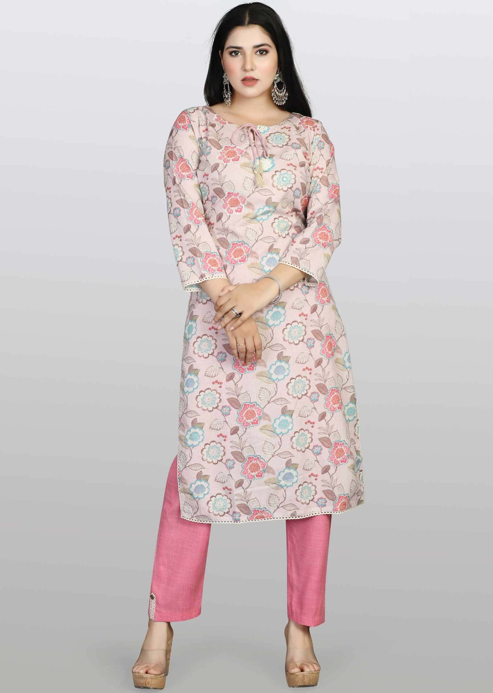 Dusty Pink Cotton Printed Kurti Sets