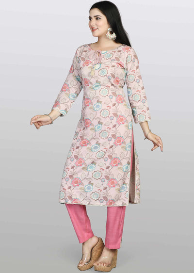 Dusty Pink Cotton Printed Kurti Sets