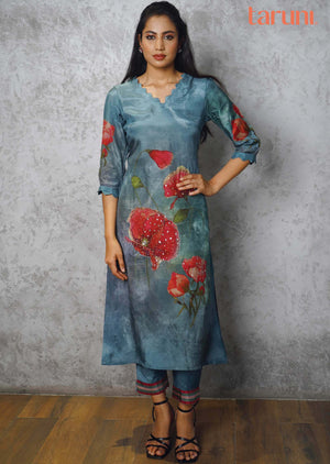 Grey Muslin Embroidered Kurti Sets