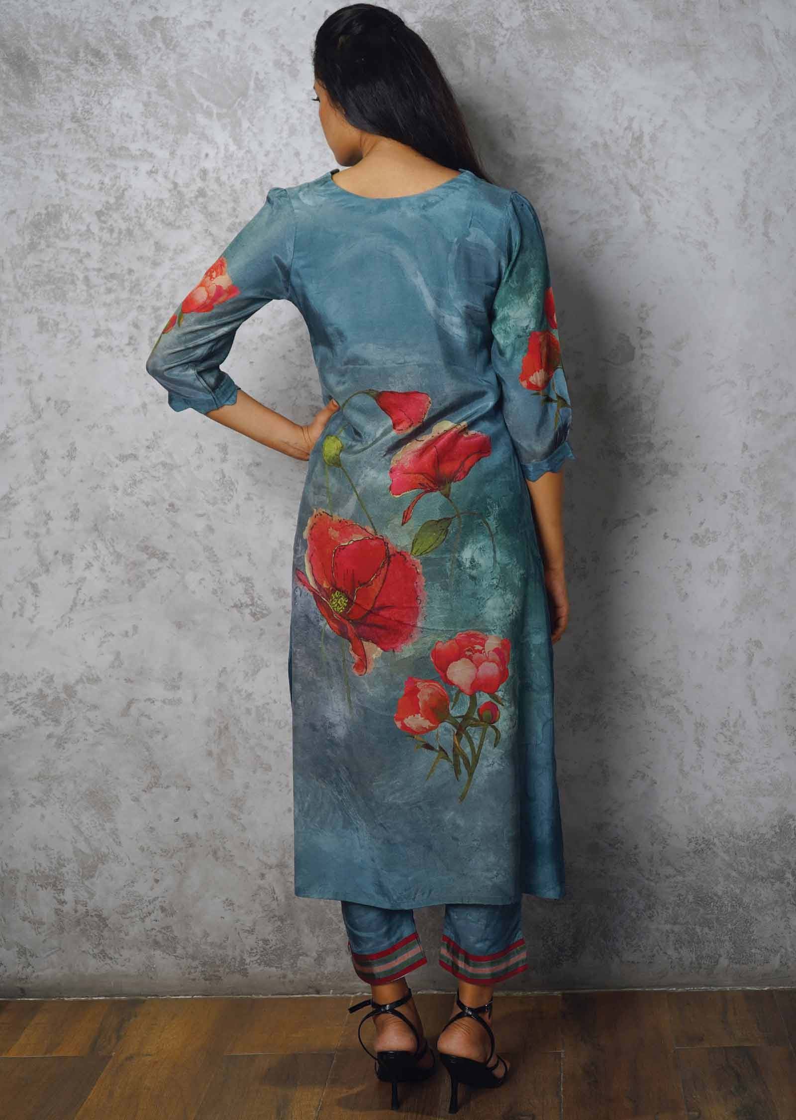 Grey Muslin Embroidered Kurti Sets