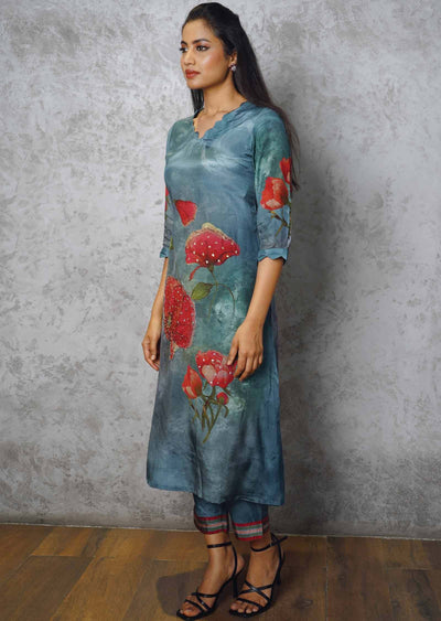 Grey Muslin Embroidered Kurti Sets