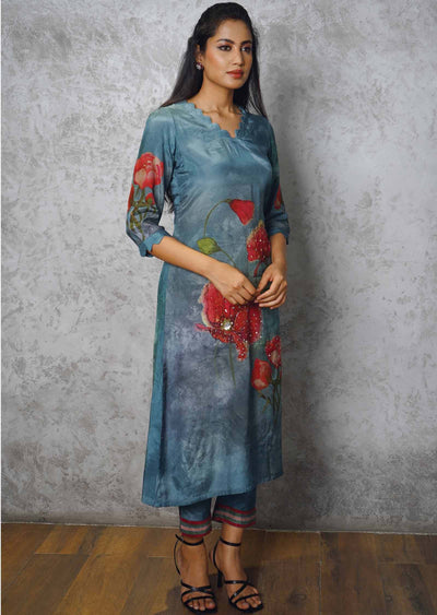 Grey Muslin Embroidered Kurti Sets