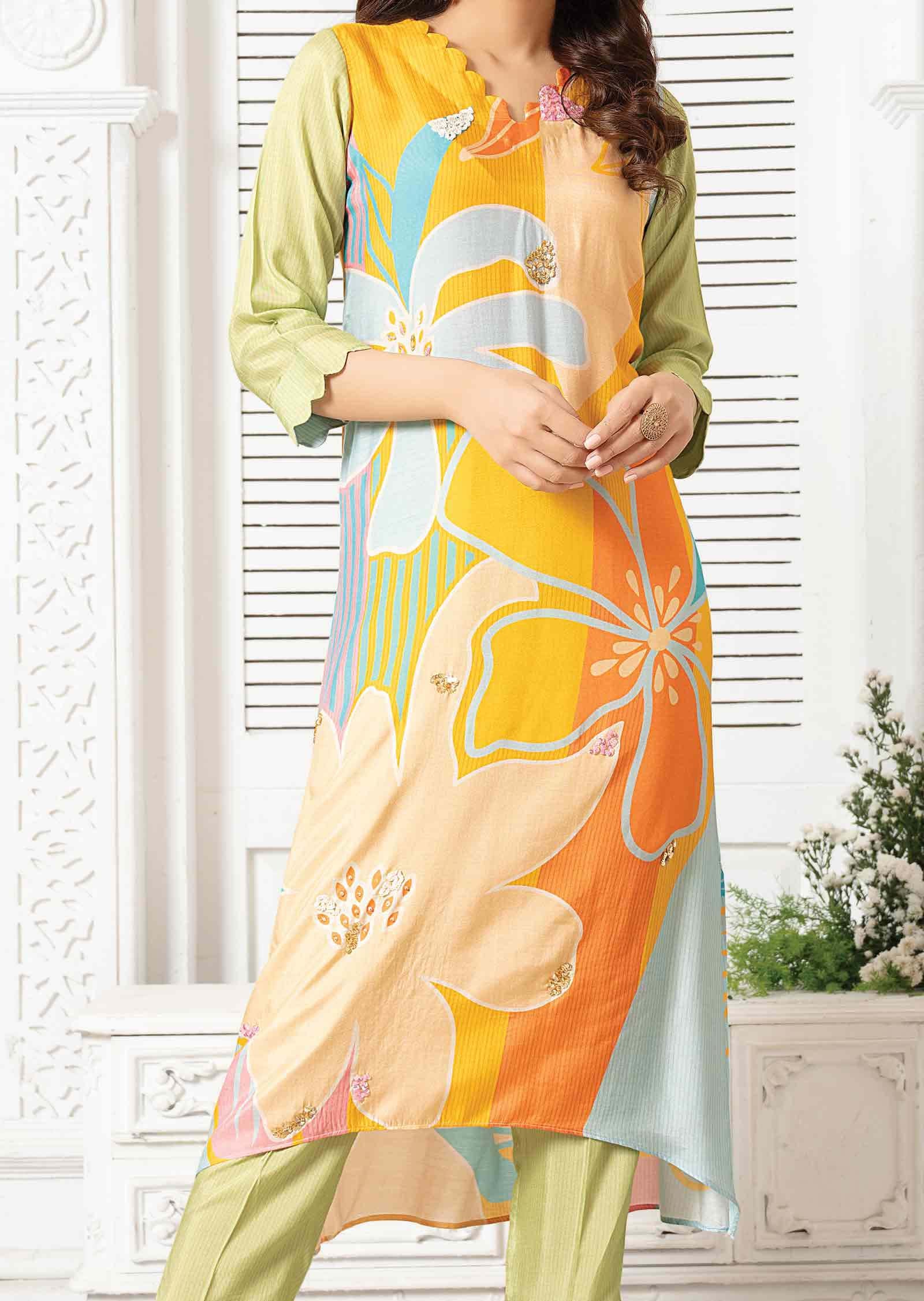 Yellow, Blue & Green Muslin Embroidered Kurti Sets