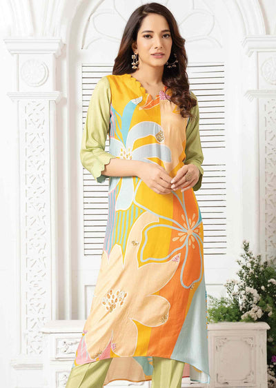 Yellow, Blue & Green Muslin Embroidered Kurti Sets