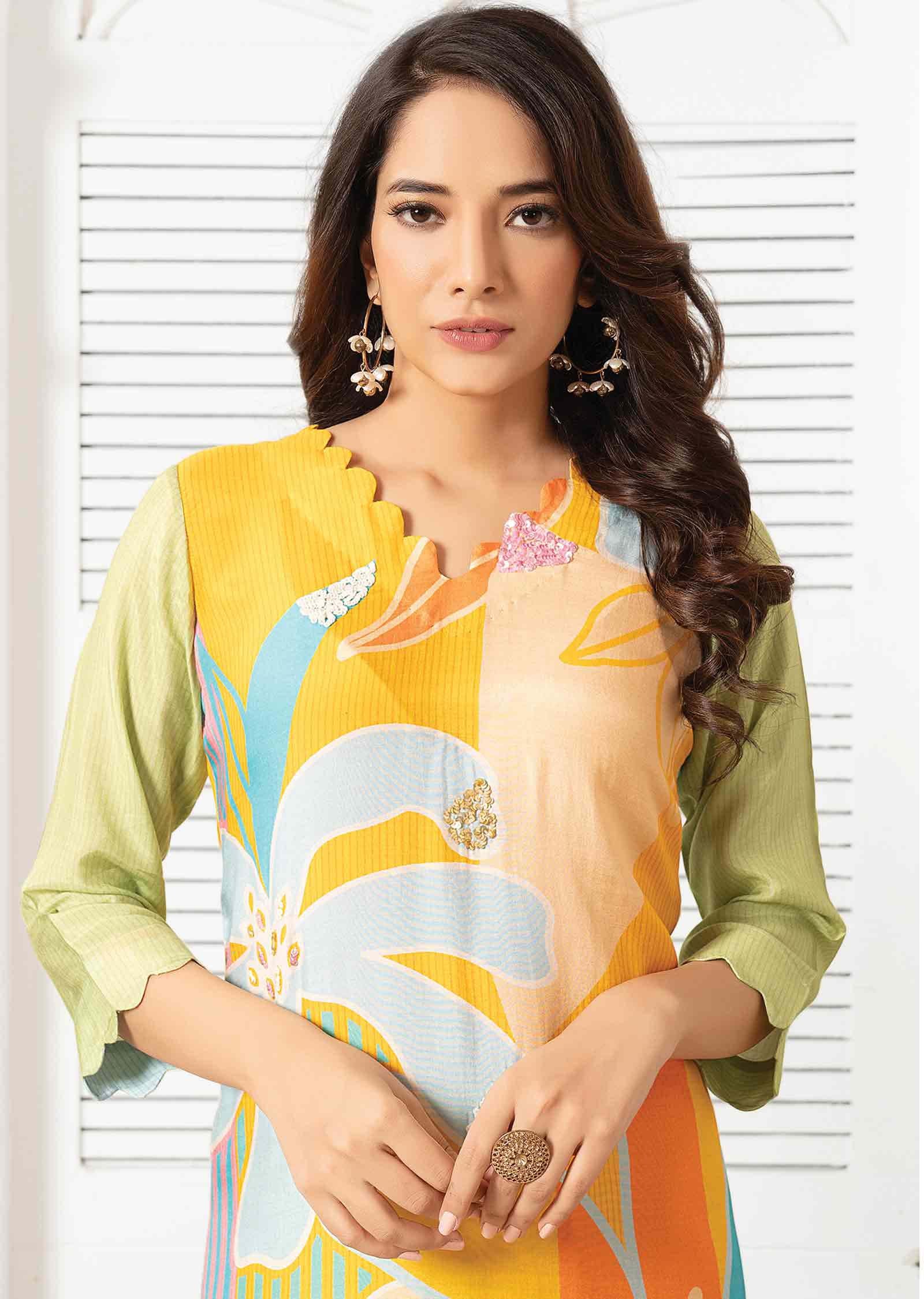 Yellow, Blue & Green Muslin Embroidered Kurti Sets