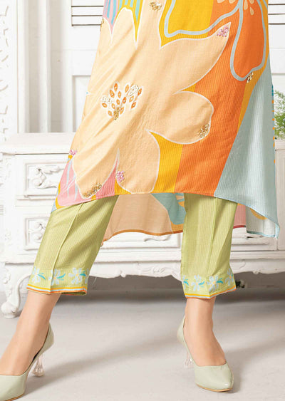 Yellow, Blue & Green Muslin Embroidered Kurti Sets