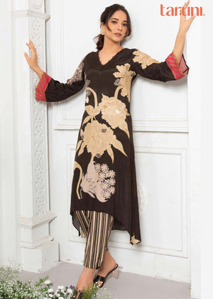 Black & beige Muslin Embroidered Kurti Sets