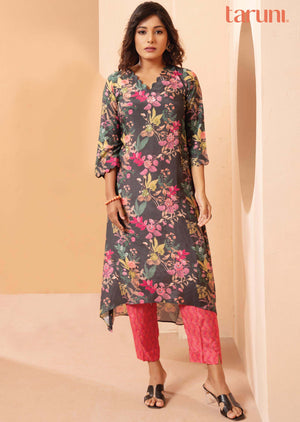 Grey & Pink Muslin Embroidered Kurti Sets