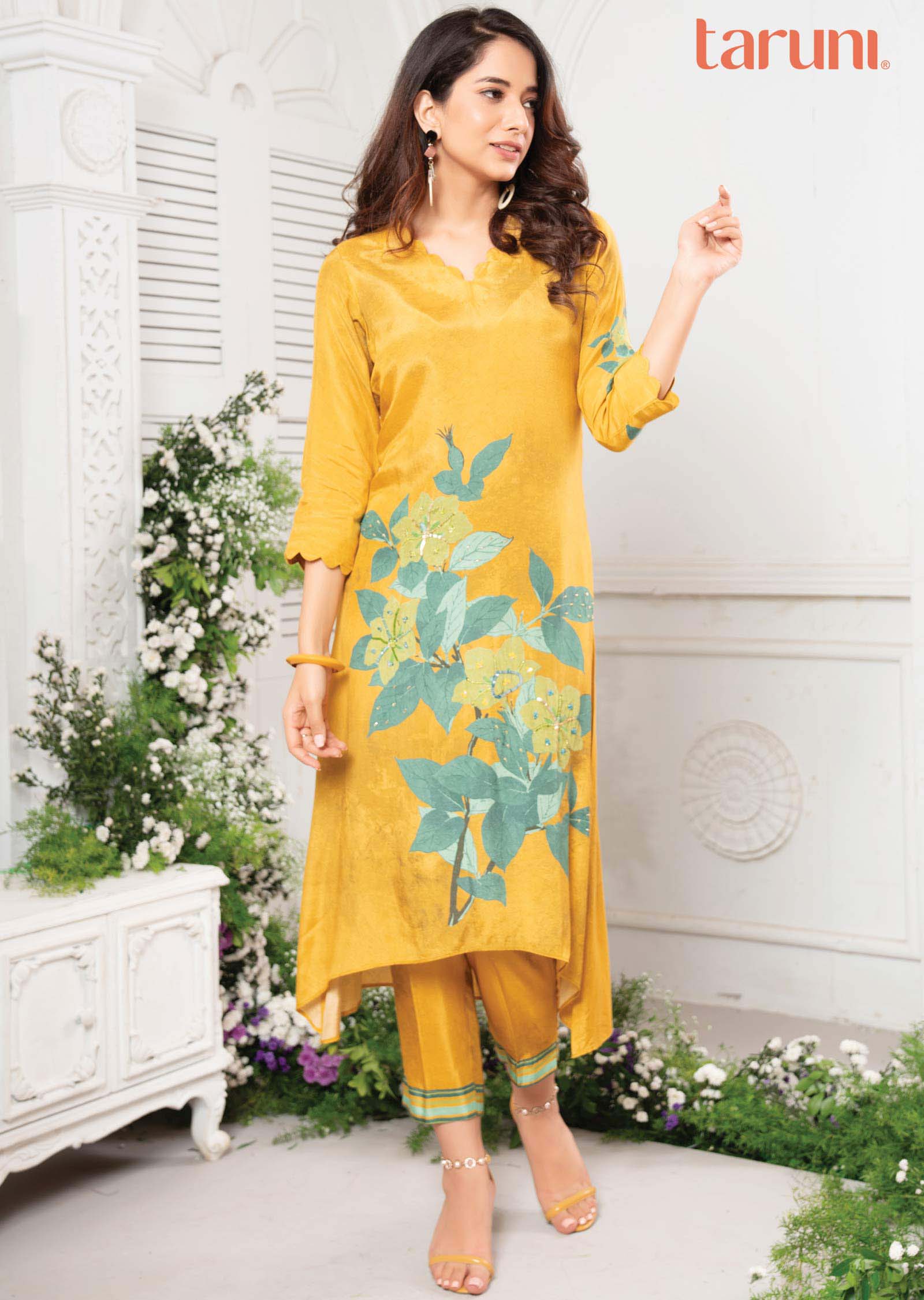 Mustard & Rama Muslin Embroidered Kurti Sets