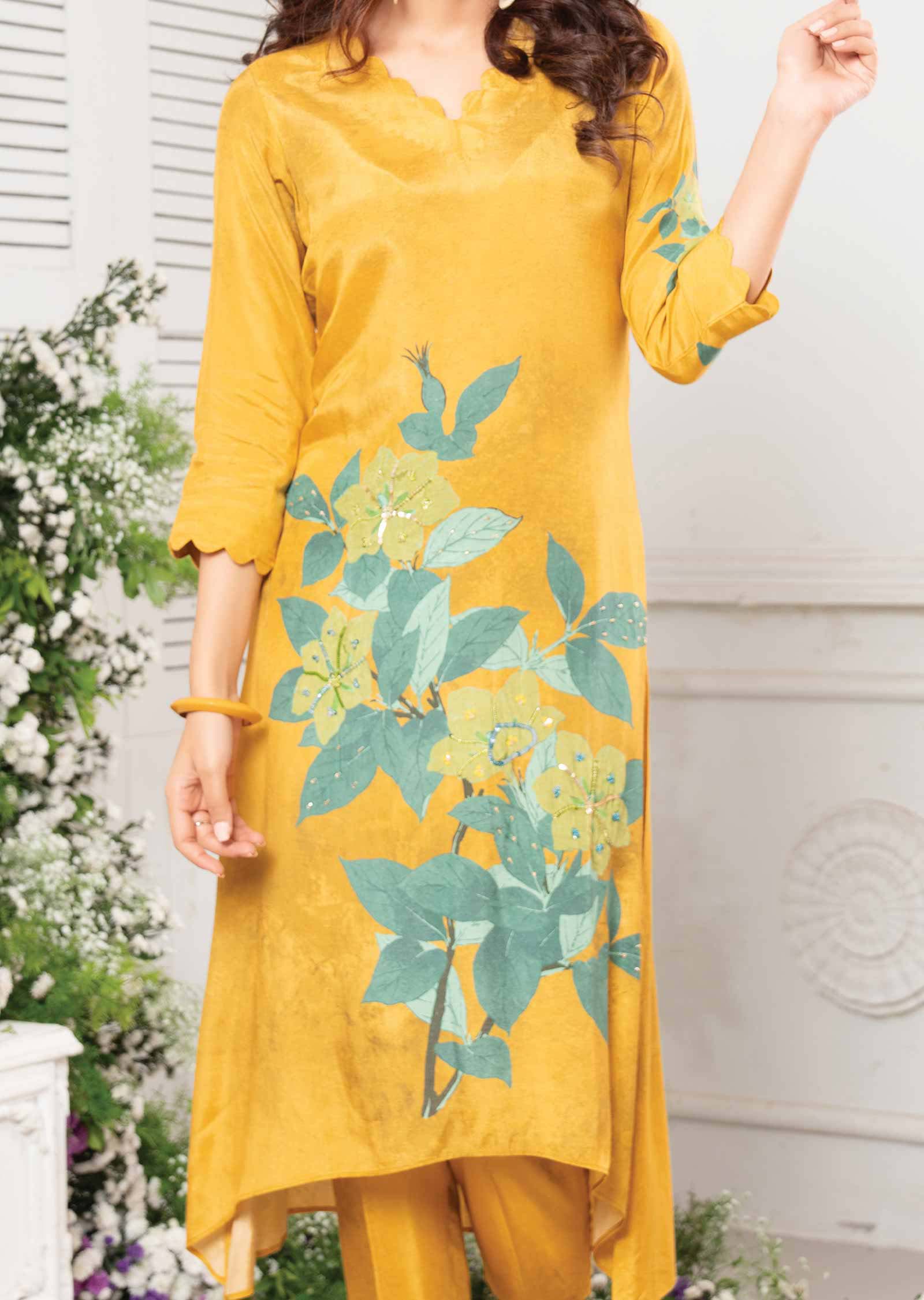 Mustard & Rama Muslin Embroidered Kurti Sets