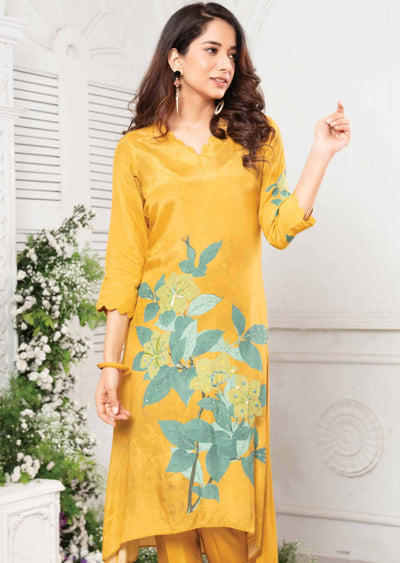 Mustard & Rama Muslin Embroidered Kurti Sets