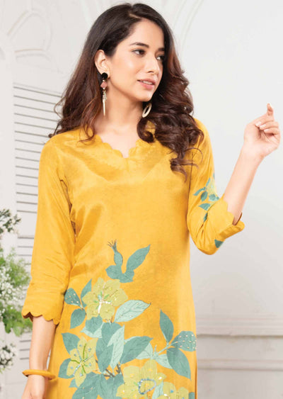 Mustard & Rama Muslin Embroidered Kurti Sets