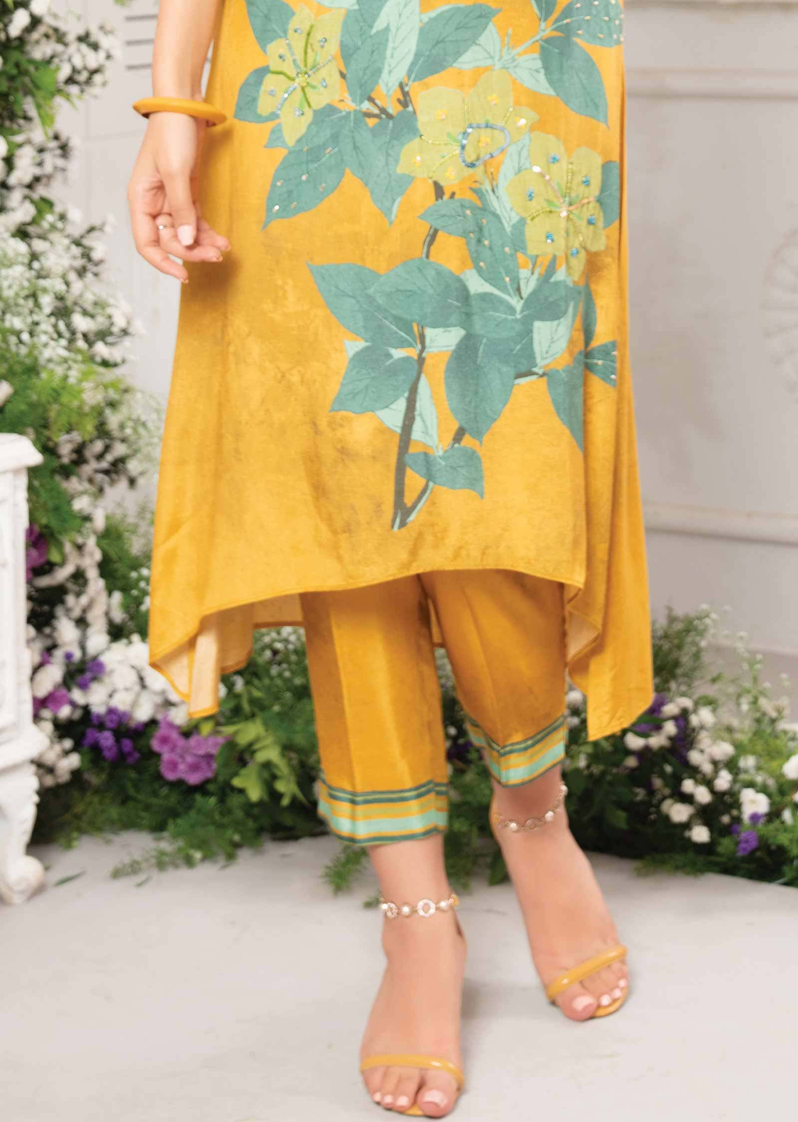 Mustard & Rama Muslin Embroidered Kurti Sets