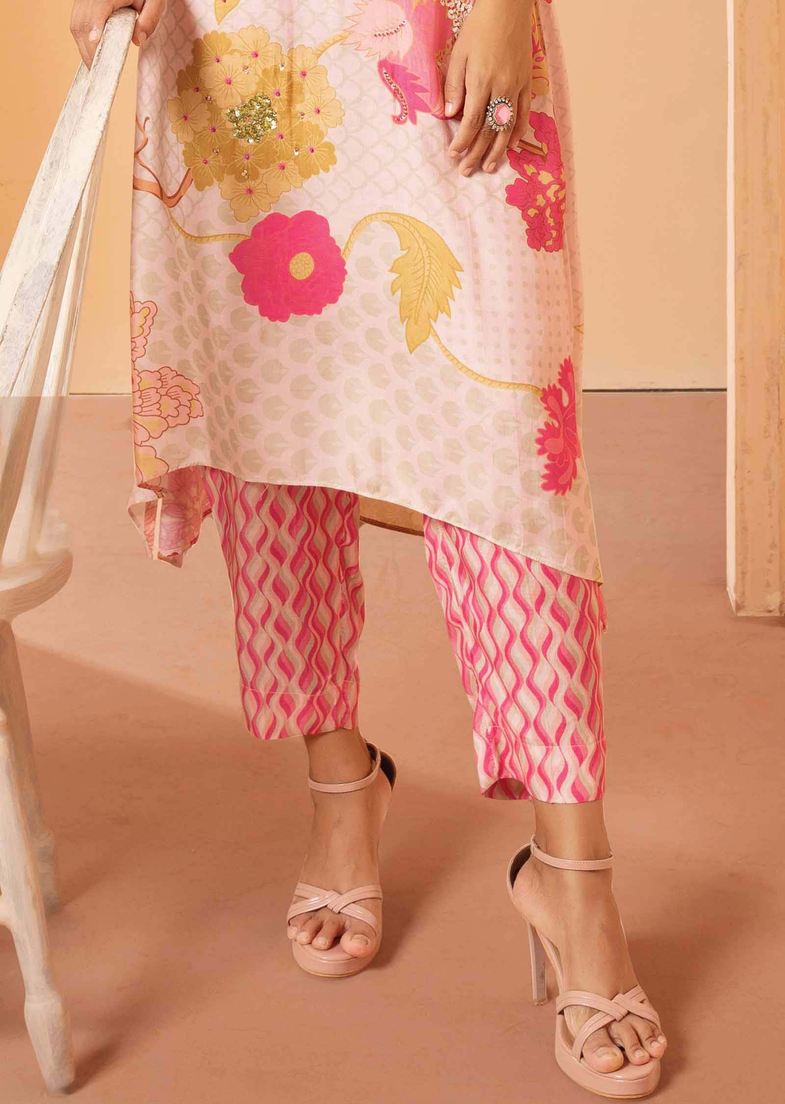 Light Peach & Pink Muslin Embroidered Kurti Sets