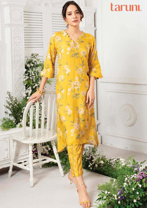 Yellow & Green Muslin Embroidered Kurti Sets