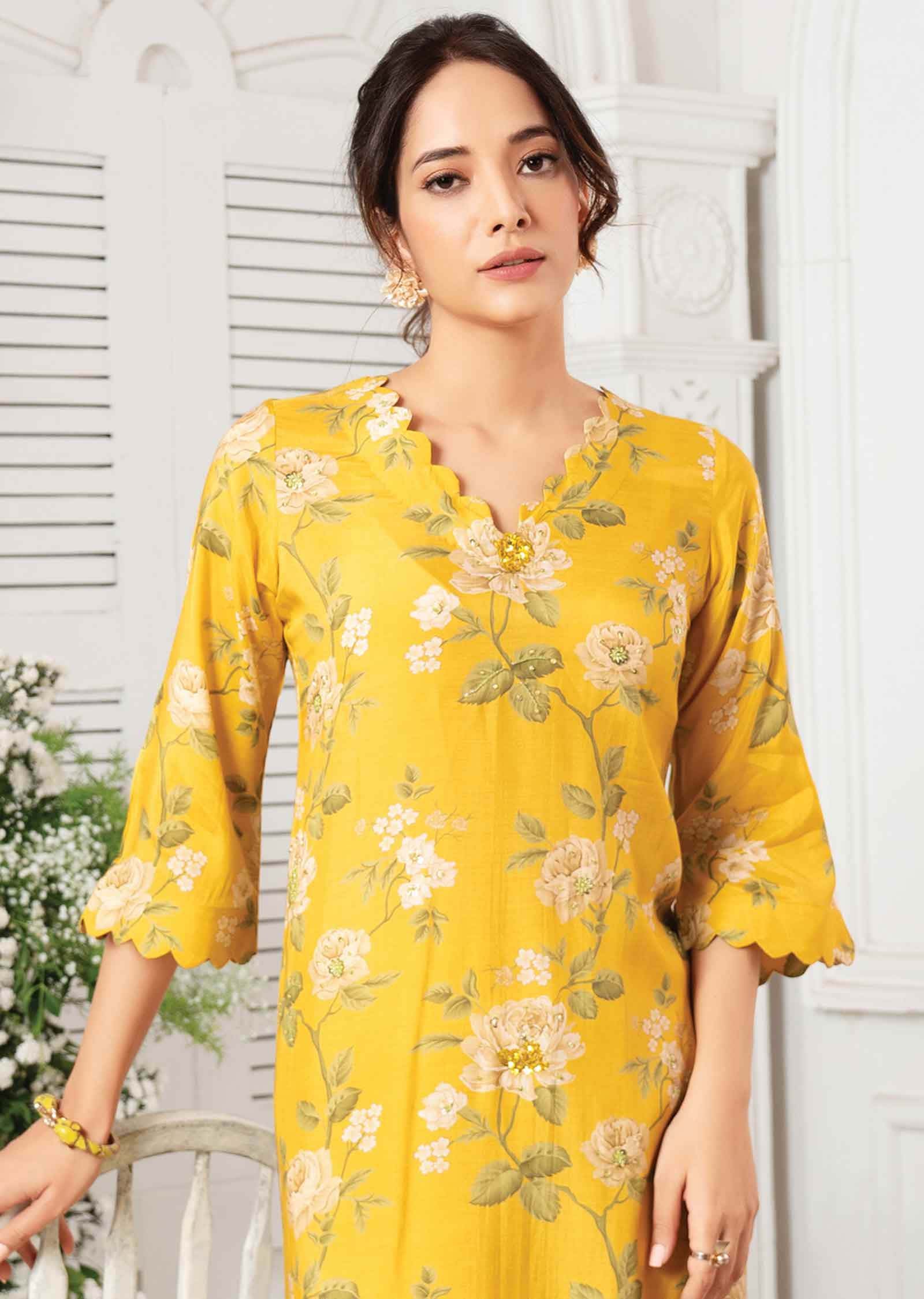 Yellow & Green Muslin Embroidered Kurti Sets