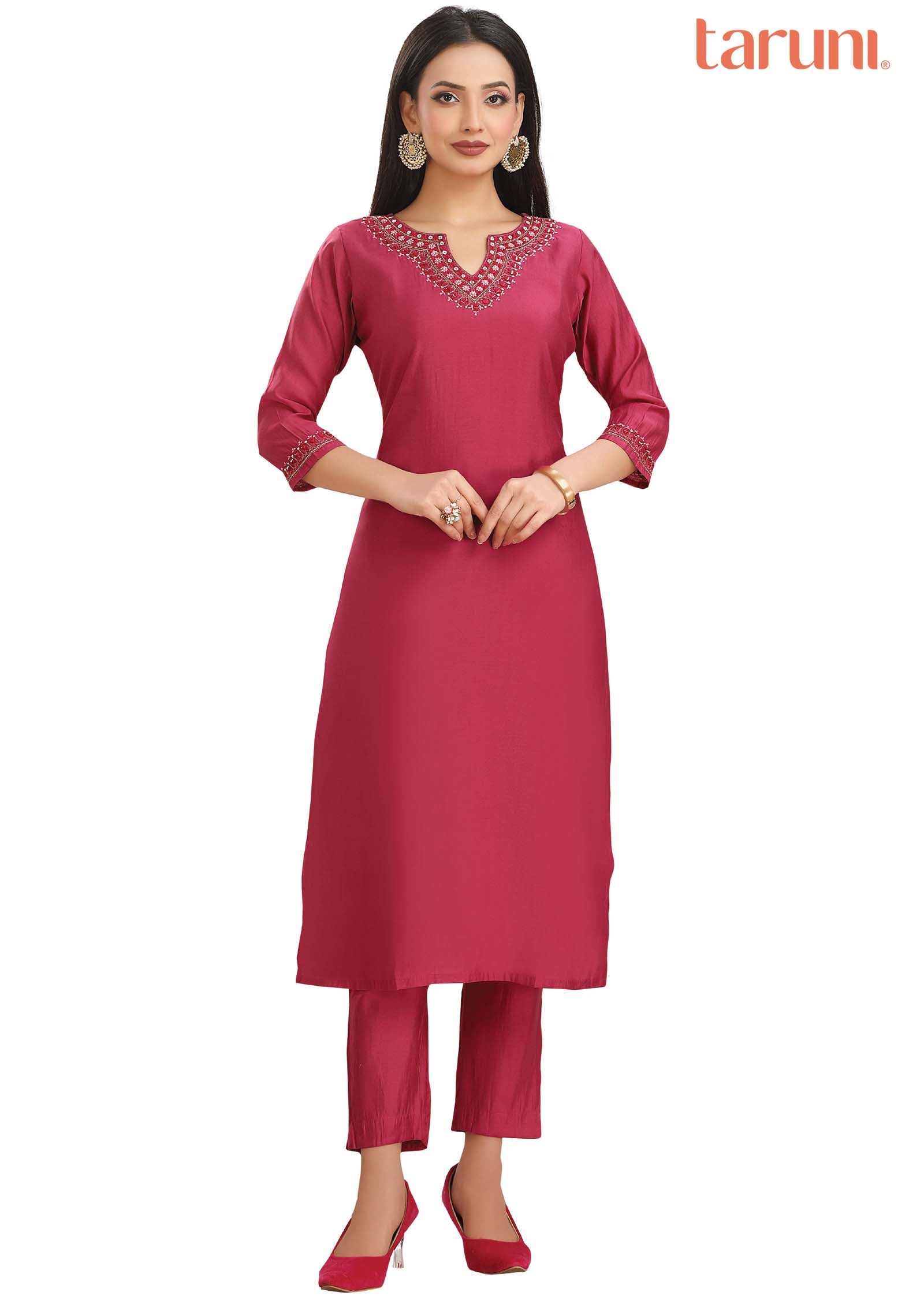 Dark Pink Chanderi Mirror work Kurti Sets