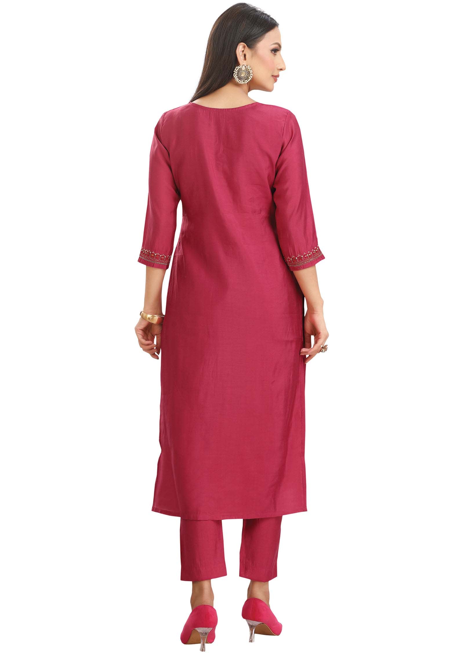 Dark Pink Chanderi Mirror work Kurti Sets