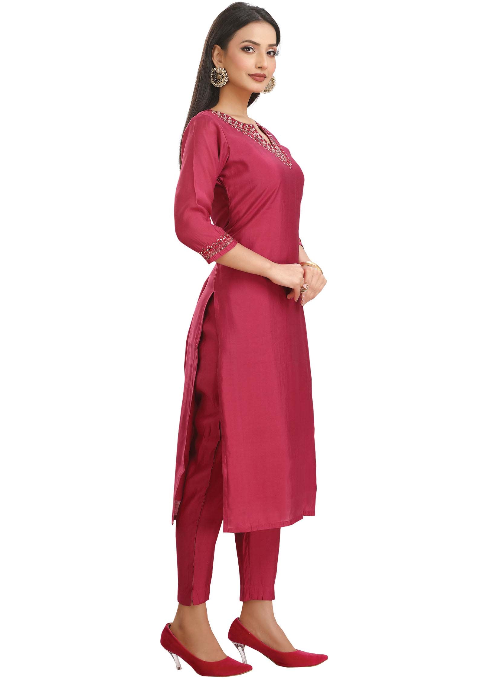 Dark Pink Chanderi Mirror work Kurti Sets