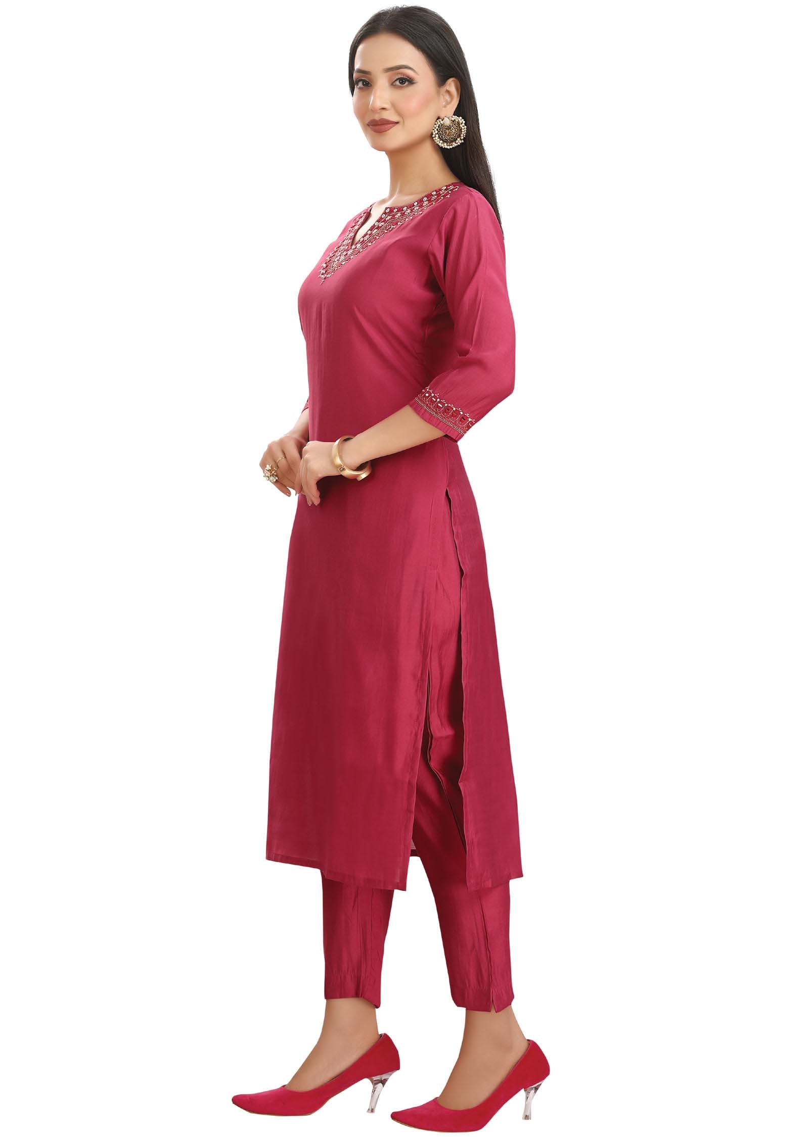 Dark Pink Chanderi Mirror work Kurti Sets