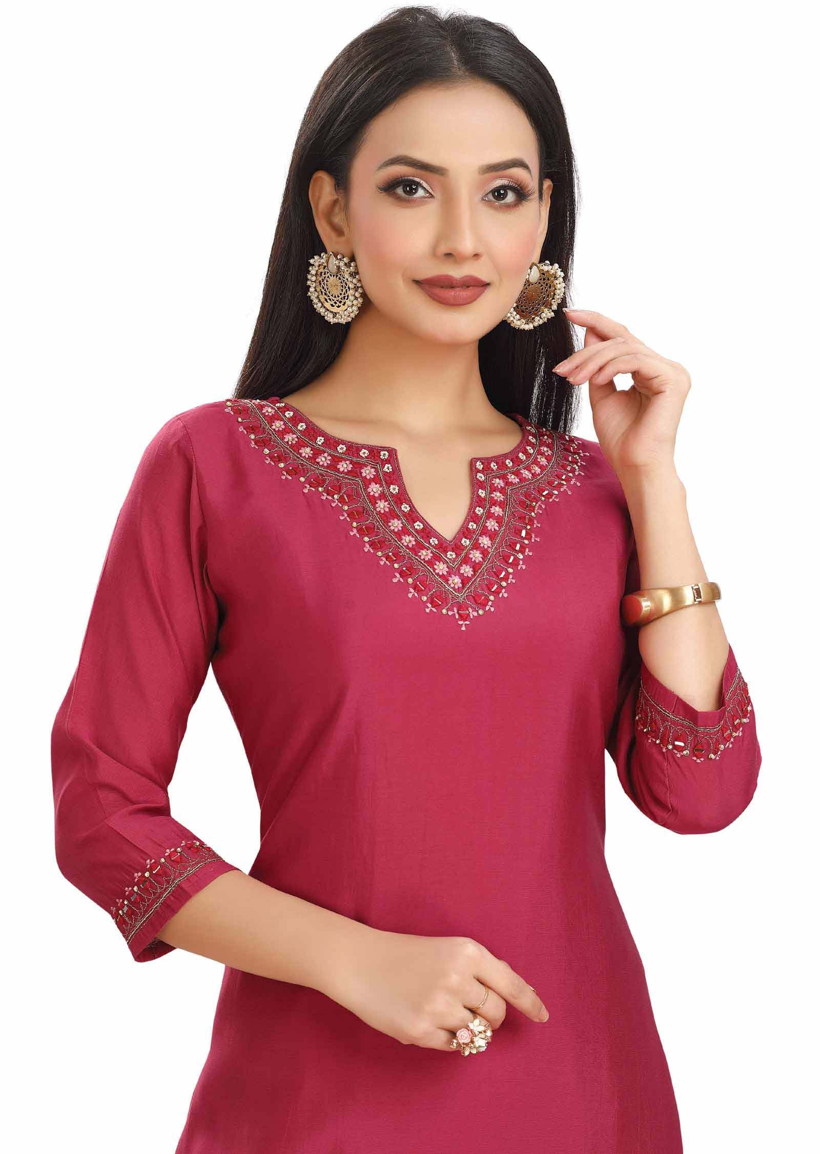 Dark Pink Chanderi Mirror work Kurti Sets