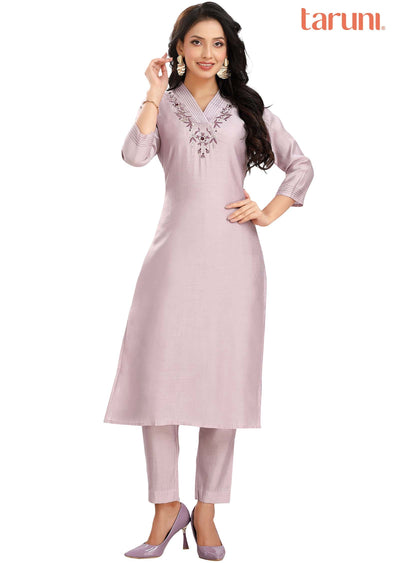 Light Lilac Chanderi Embroidered Kurti Sets