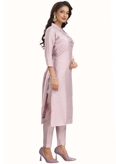 Light Lilac Chanderi Embroidered Kurti Sets