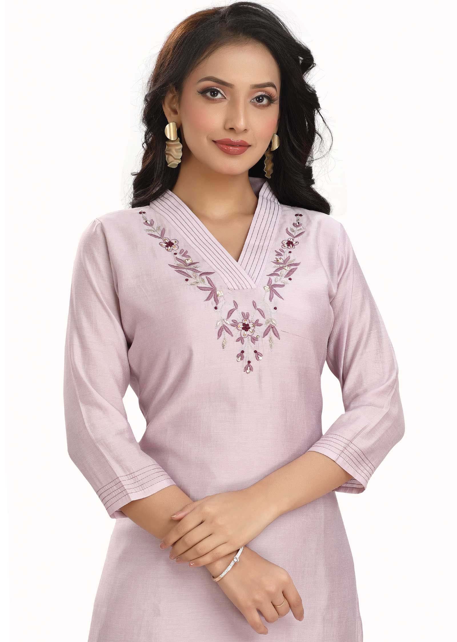 Light Lilac Chanderi Embroidered Kurti Sets