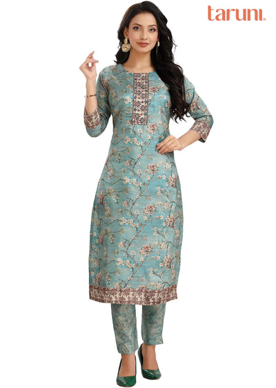 Light Blue Chanderi Printed Kurti Sets