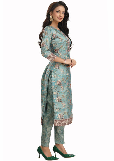 Light Blue Chanderi Printed Kurti Sets